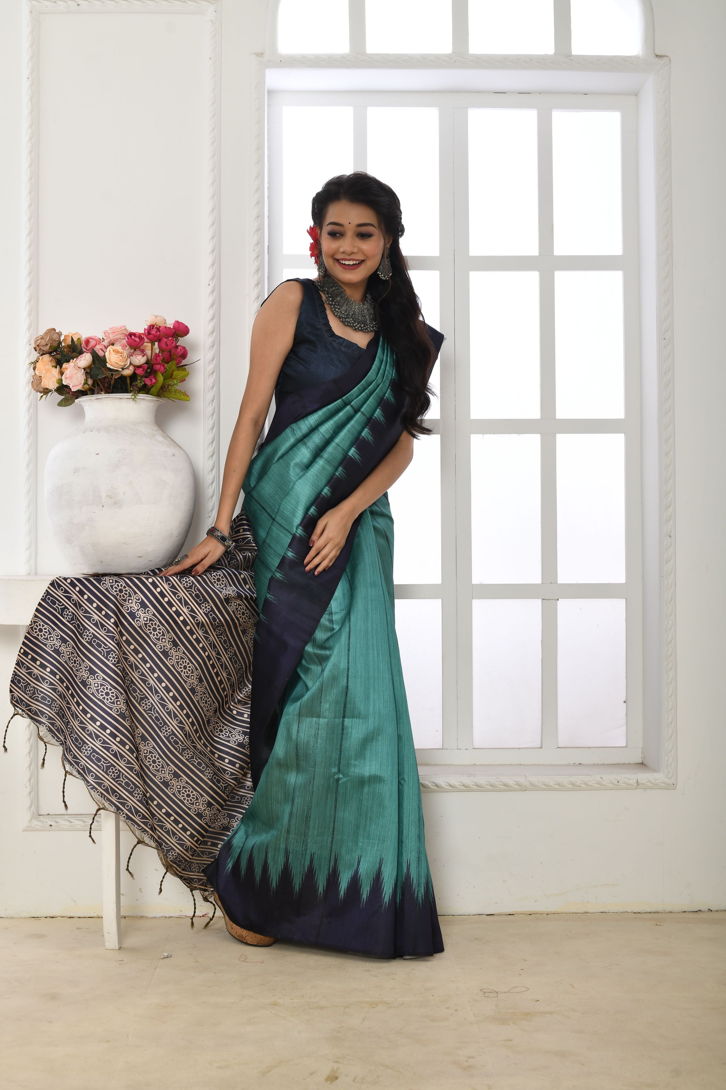 Jyoti Fashion Women's Firozi Soft Tussar Silk Printed Temple Border Traditional Saree with Blouse - Distacart