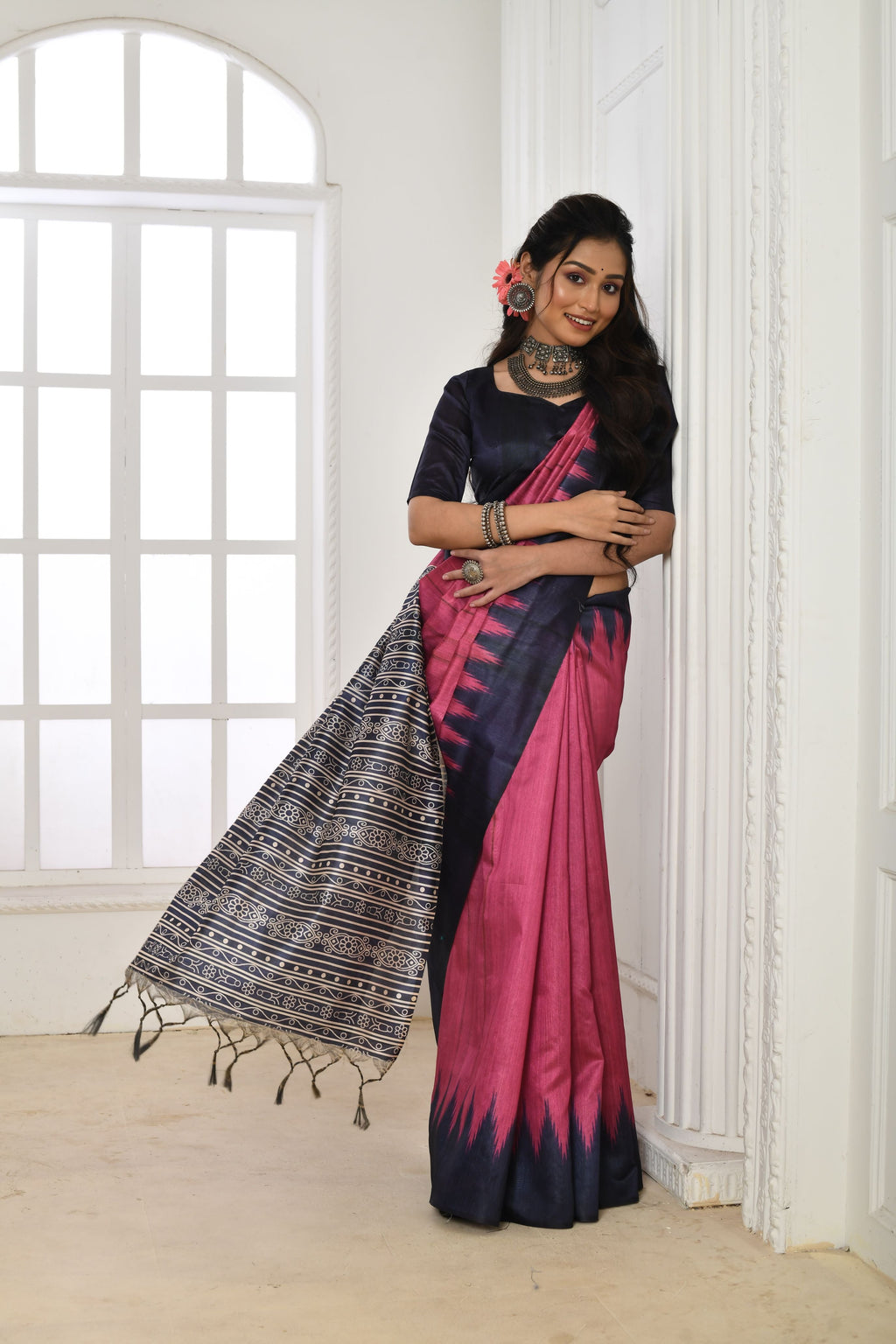 Jyoti Fashion Women's Pink Soft Tussar Silk Printed Temple Border Traditional Saree with Blouse - Distacart