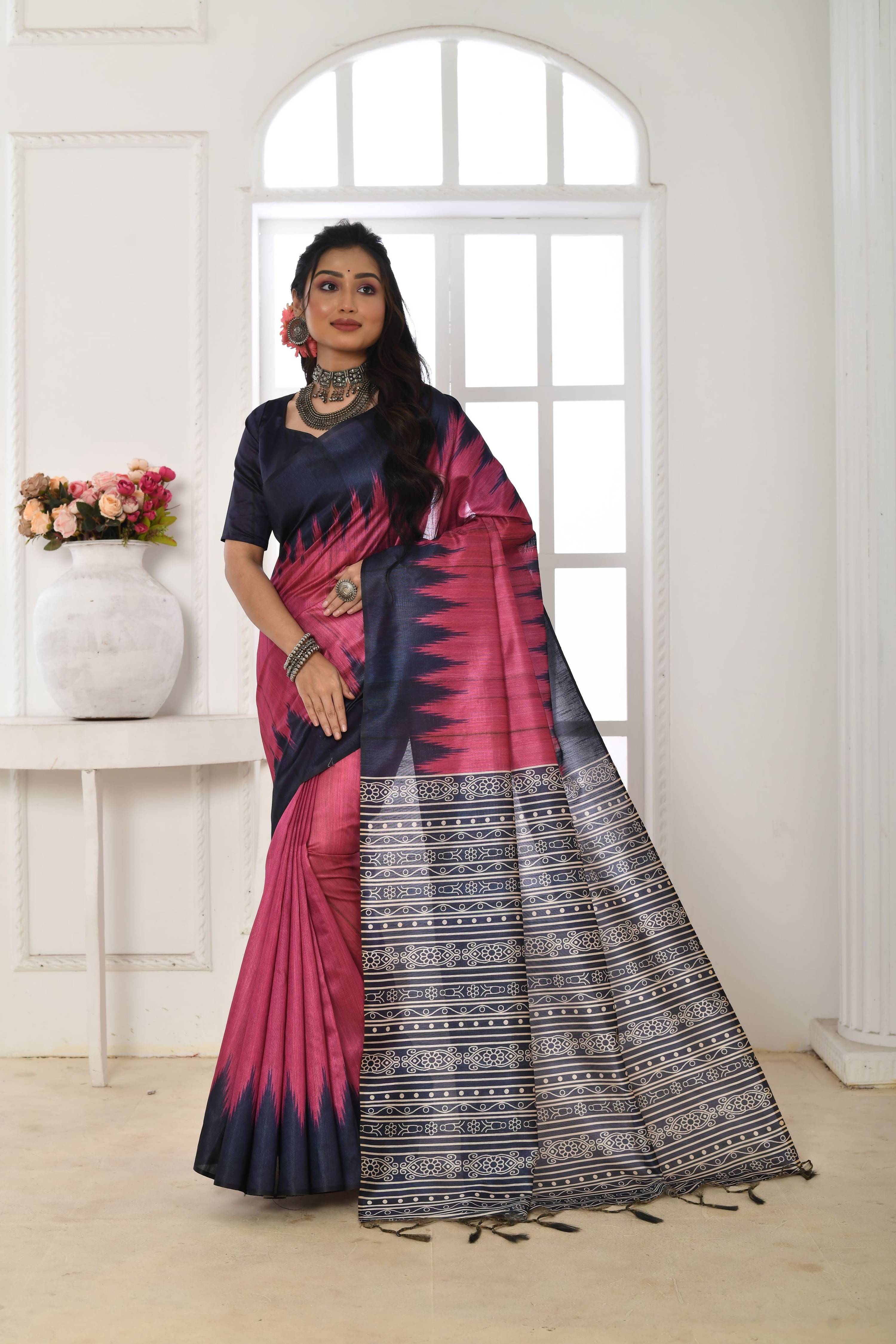 Jyoti Fashion Women's Pink Soft Tussar Silk Printed Temple Border Traditional Saree with Blouse - Distacart
