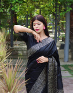 Jyoti Fashion Women's Black Handloom Raw Silk Printed Border Traditional Saree with Blouse - Distacart