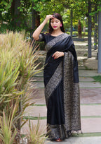 Jyoti Fashion Women's Black Handloom Raw Silk Printed Border Traditional Saree with Blouse - Distacart