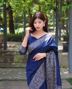 Jyoti Fashion Women's Blue Handloom Raw Silk Printed Border Traditional Saree with Blouse - Distacart