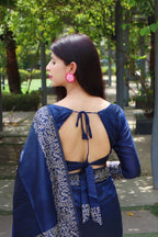 Jyoti Fashion Women's Blue Handloom Raw Silk Printed Border Traditional Saree with Blouse - Distacart