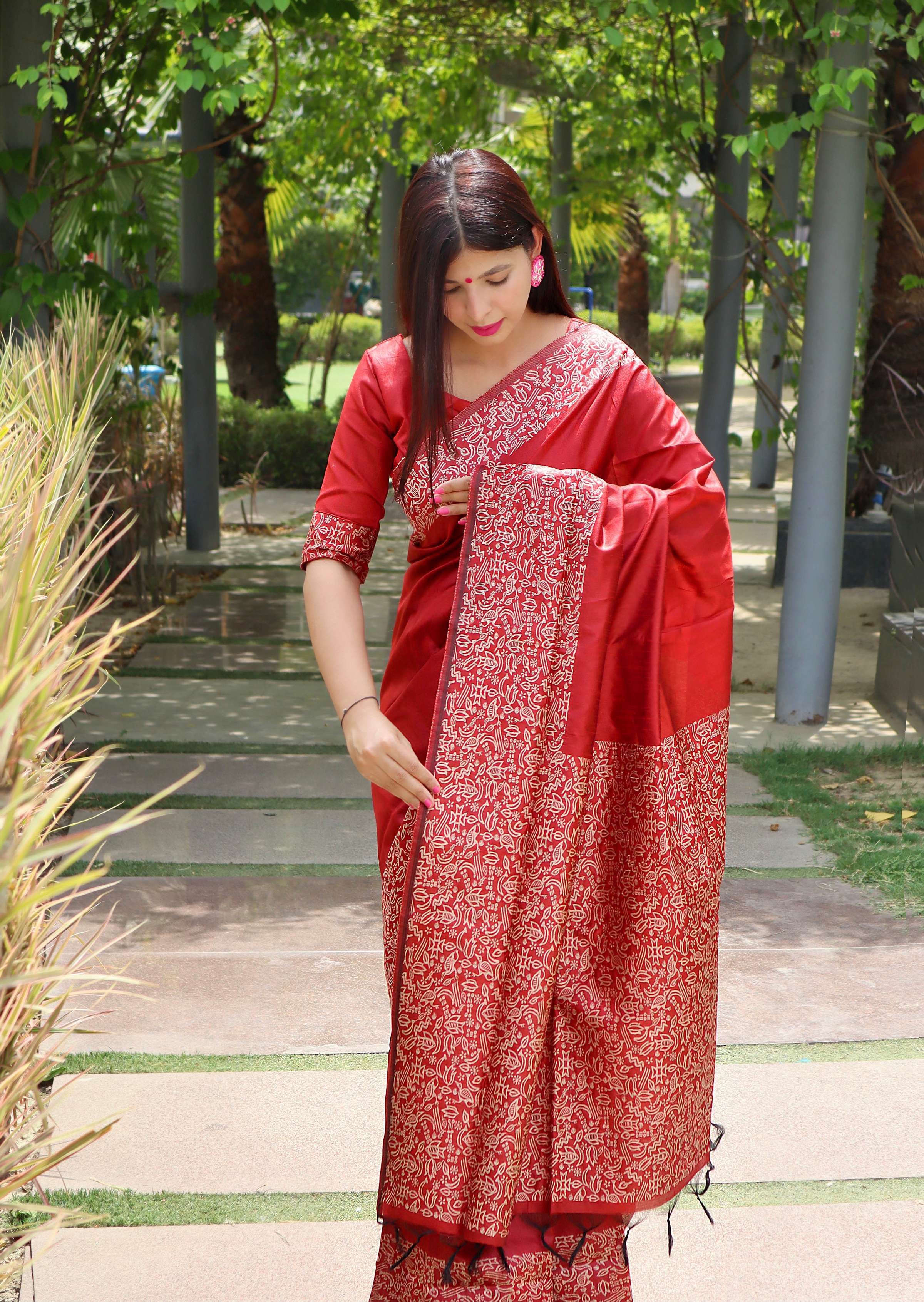 Jyoti Fashion Women's Red Handloom Raw Silk Printed Border Traditional Saree with Blouse - Distacart