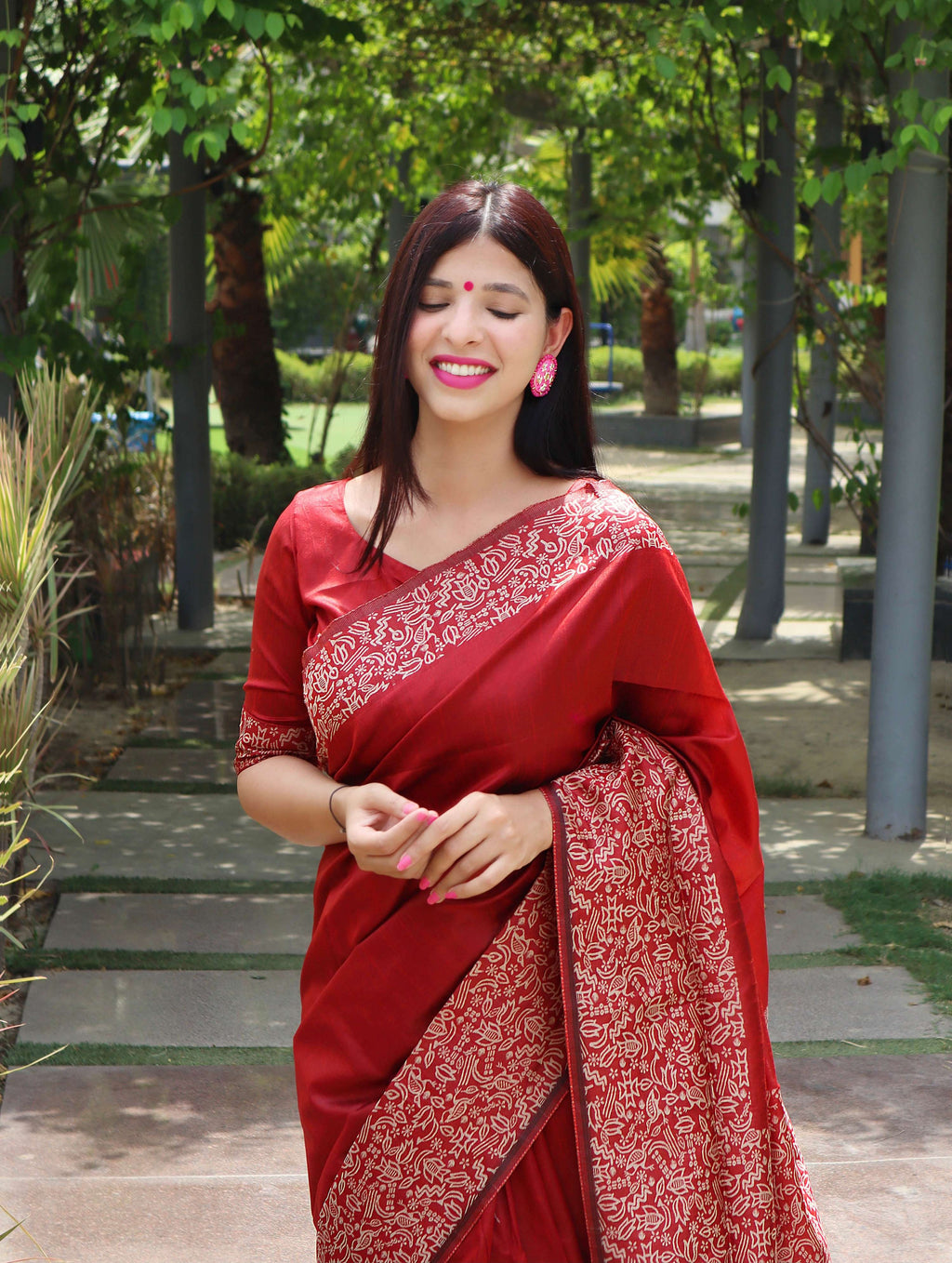 Jyoti Fashion Women's Red Handloom Raw Silk Printed Border Traditional Saree with Blouse - Distacart