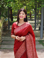 Jyoti Fashion Women's Red Handloom Raw Silk Printed Border Traditional Saree with Blouse - Distacart