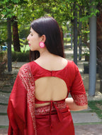 Jyoti Fashion Women's Red Handloom Raw Silk Printed Border Traditional Saree with Blouse - Distacart