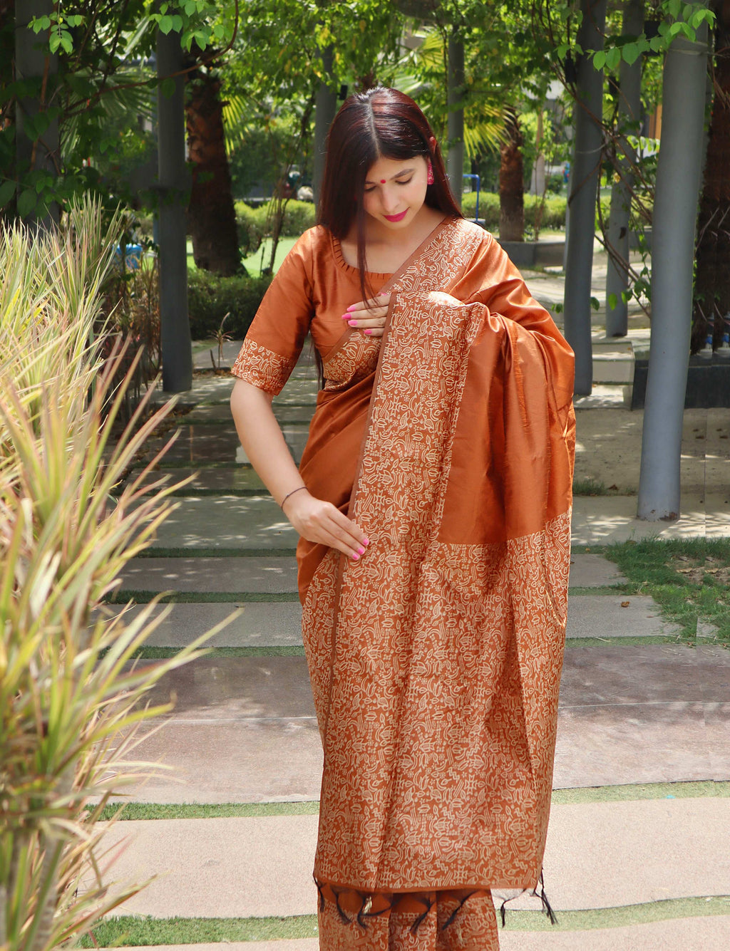 Jyoti Fashion Women's Orange Handloom Raw Silk Printed Border Traditional Saree with Blouse - Distacart