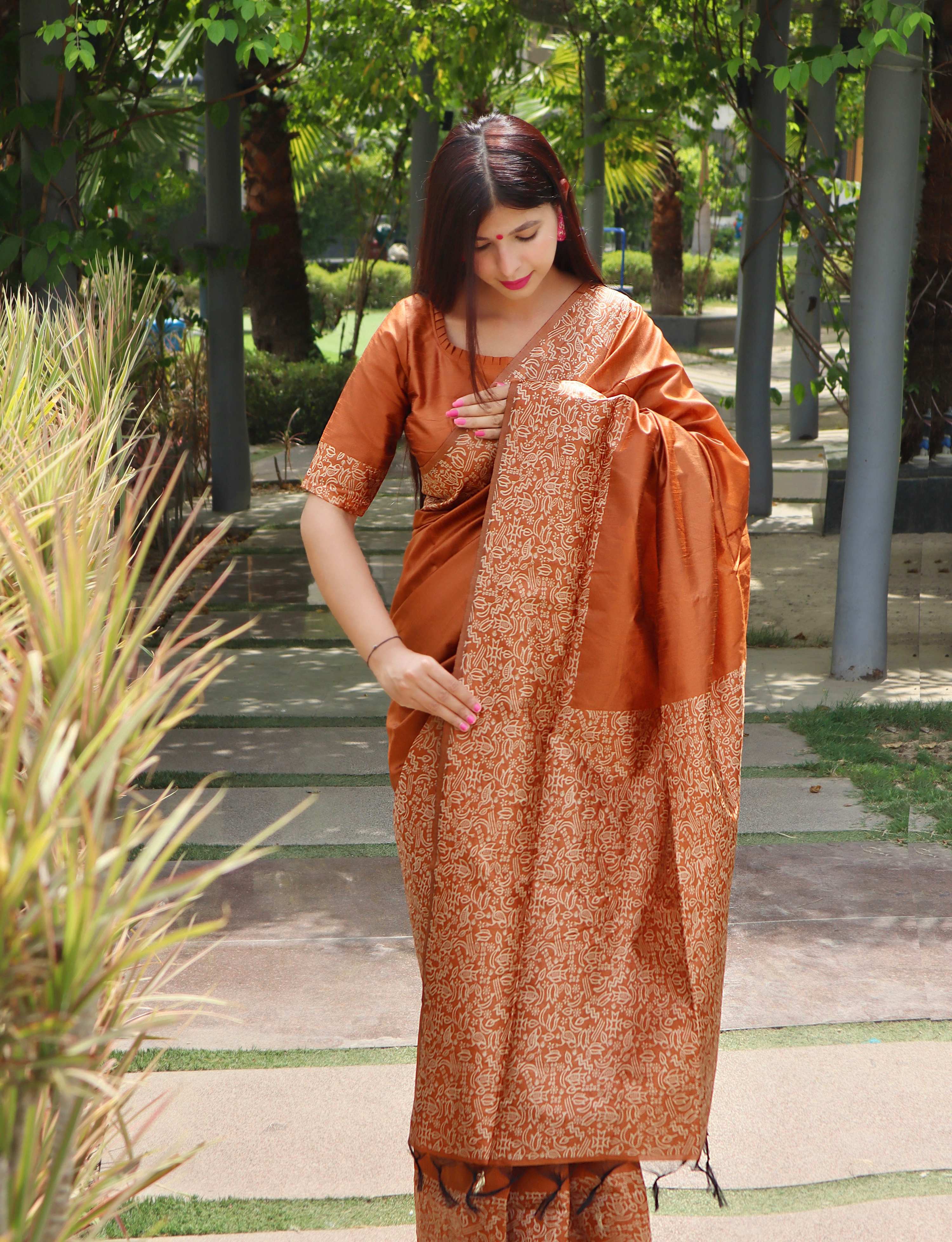 Jyoti Fashion Women's Orange Handloom Raw Silk Printed Border Traditional Saree with Blouse - Distacart