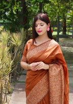 Jyoti Fashion Women's Orange Handloom Raw Silk Printed Border Traditional Saree with Blouse - Distacart