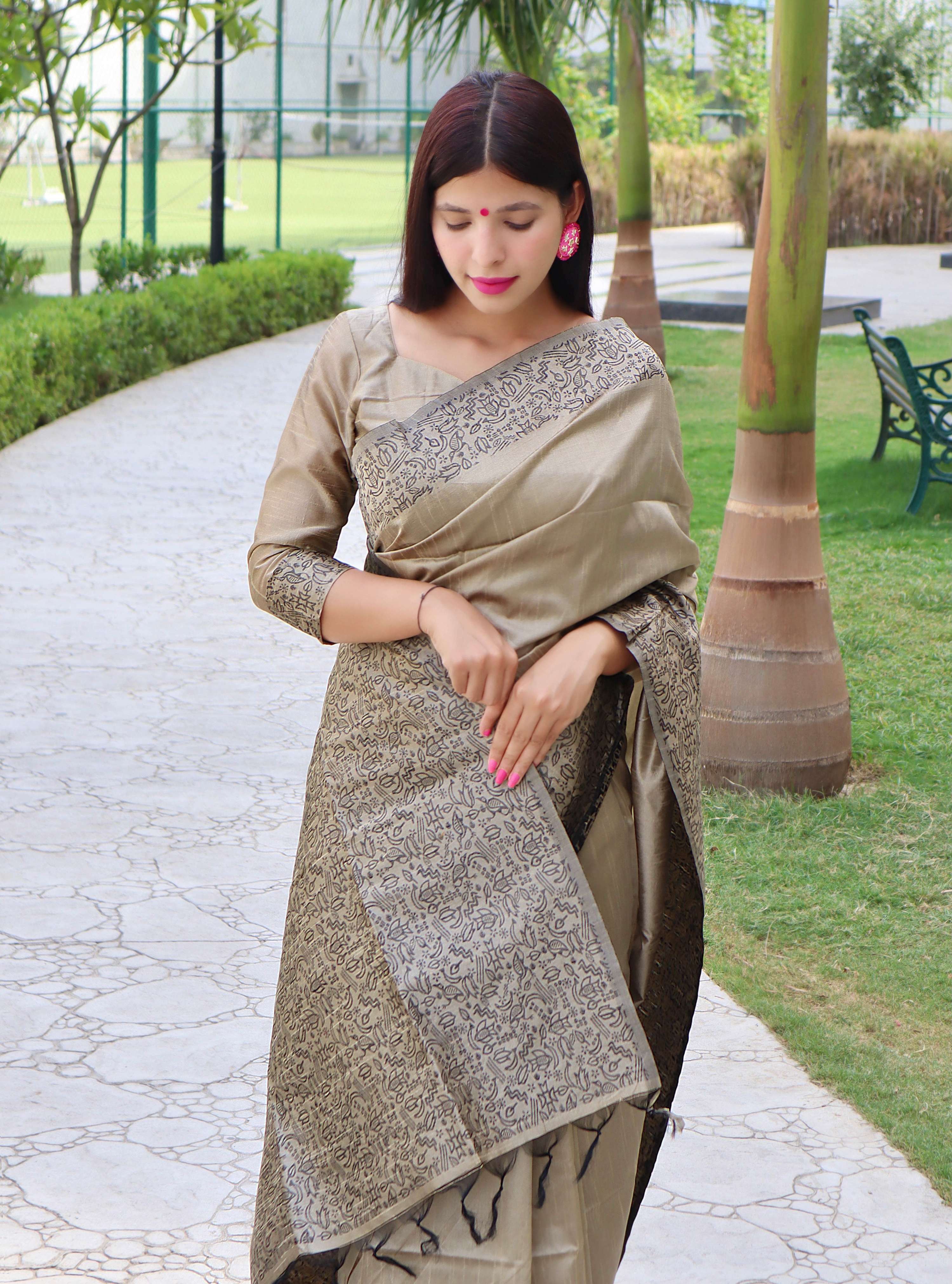 Jyoti Fashion Women's Cream Handloom Raw Silk Printed Border Traditional Saree with Blouse - Distacart