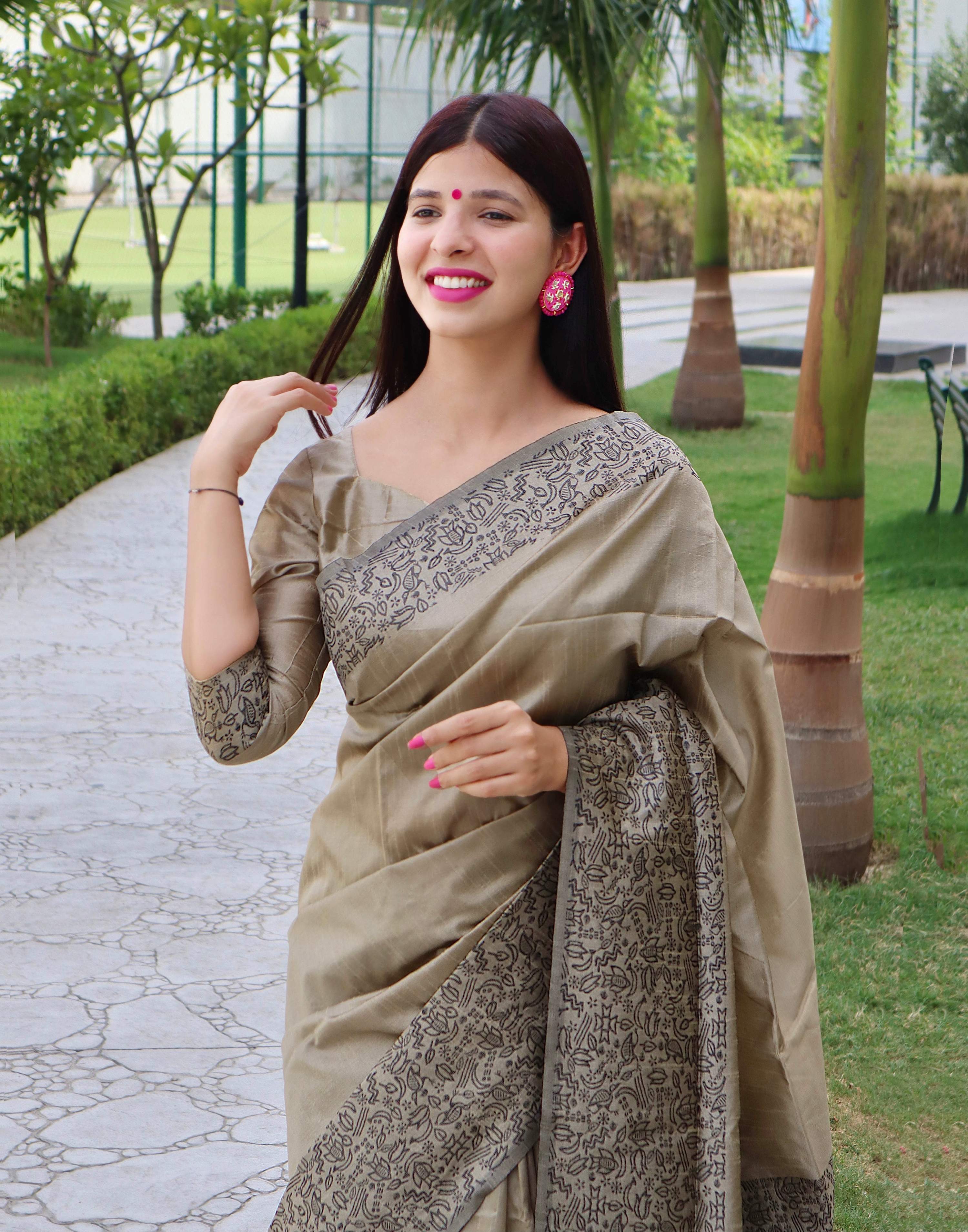 Jyoti Fashion Women's Cream Handloom Raw Silk Printed Border Traditional Saree with Blouse - Distacart