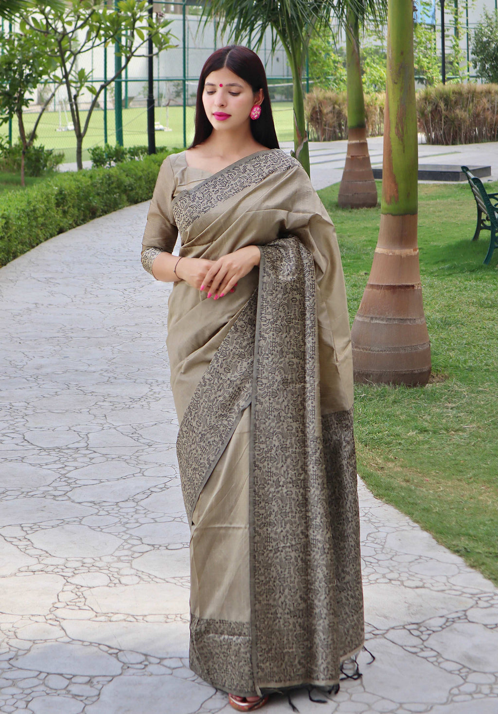Jyoti Fashion Women's Cream Handloom Raw Silk Printed Border Traditional Saree with Blouse - Distacart