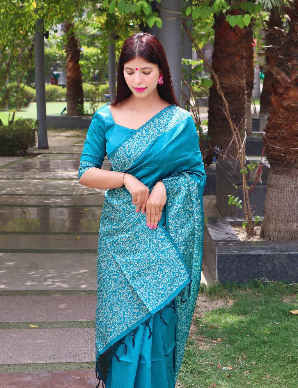 Jyoti Fashion Women's Firozi Handloom Raw Silk Printed Border Traditional Saree with Blouse - Distacart