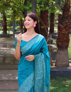 Jyoti Fashion Women's Firozi Handloom Raw Silk Printed Border Traditional Saree with Blouse - Distacart