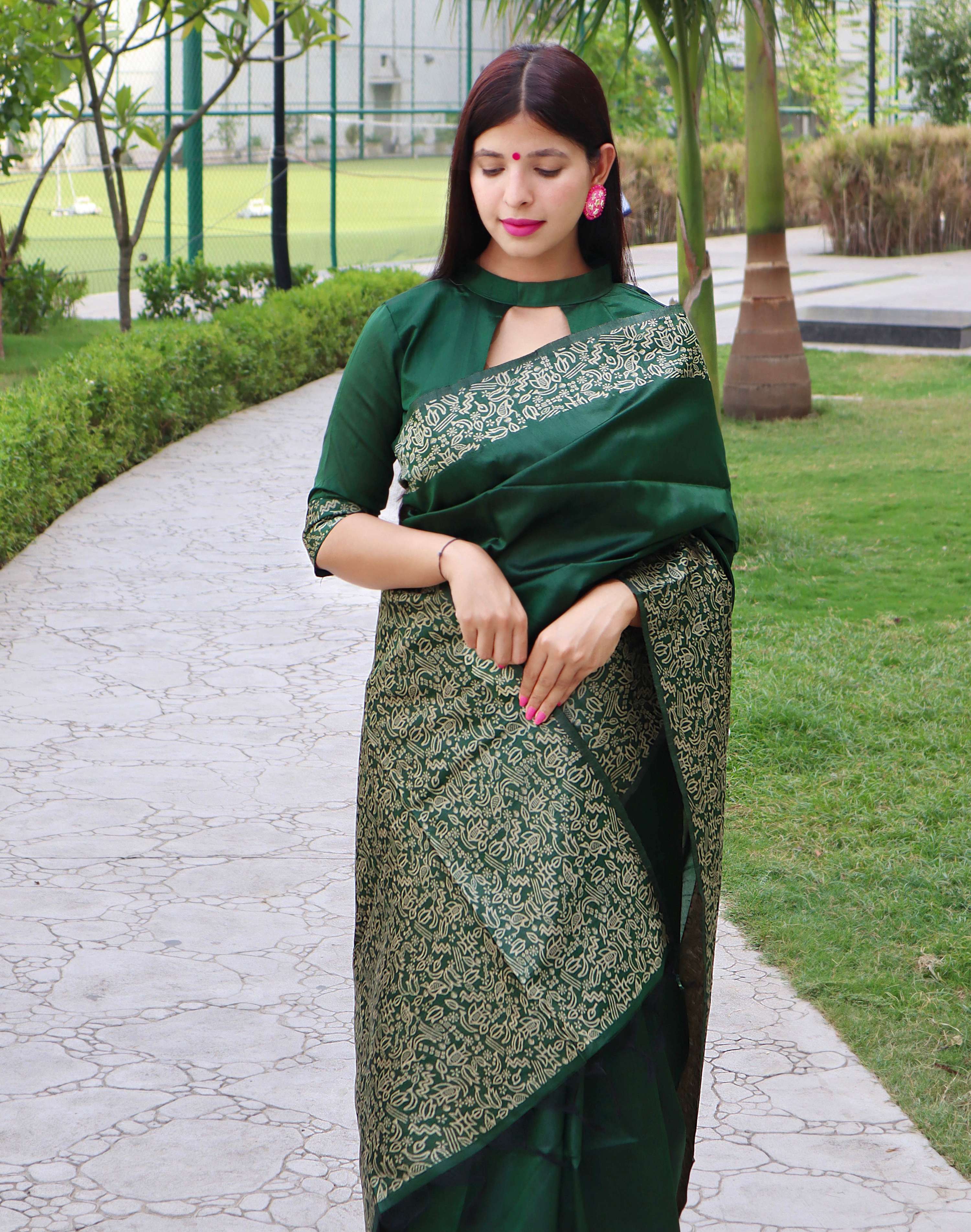 Jyoti Fashion Women's Green Handloom Raw Silk Printed Border Traditional Saree with Blouse - Distacart