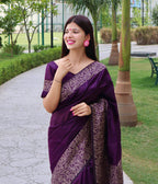 Jyoti Fashion Women's Purple Handloom Raw Silk Printed Border Traditional Saree with Blouse - Distacart