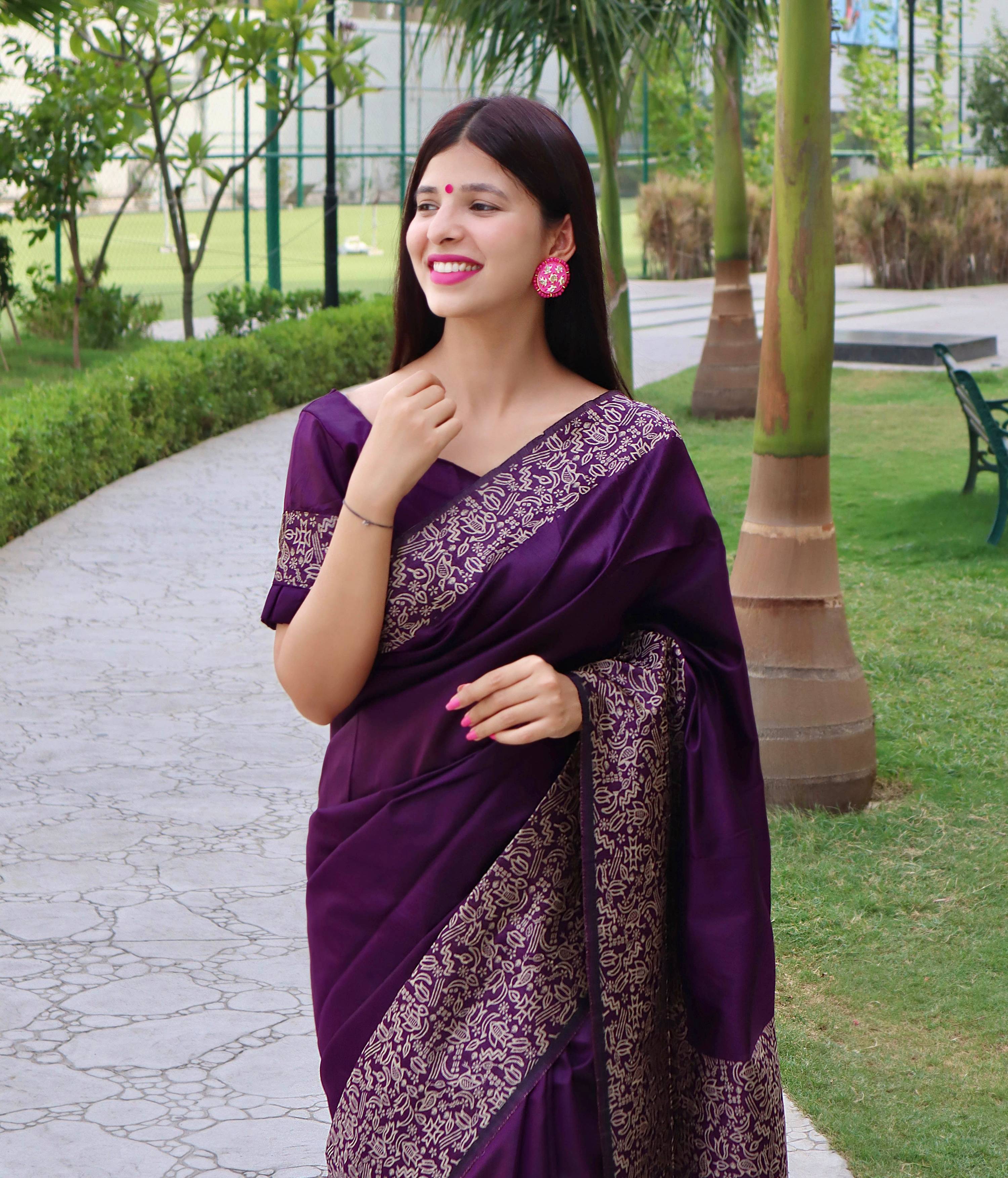 Jyoti Fashion Women's Purple Handloom Raw Silk Printed Border Traditional Saree with Blouse - Distacart
