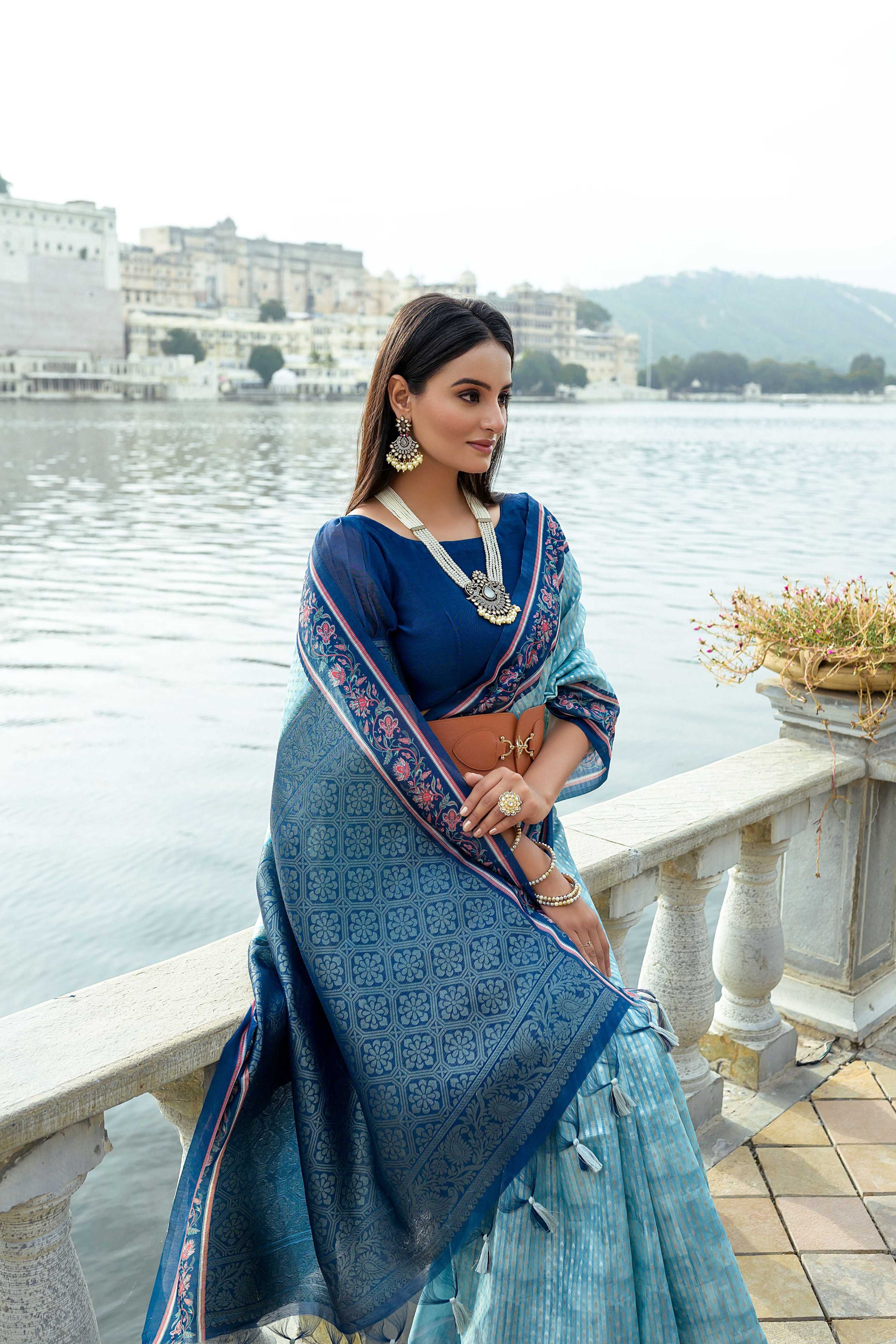 Jyoti Fashion Women's Firozi Soft Silk Zari Woven Traditional Saree with Blouse
