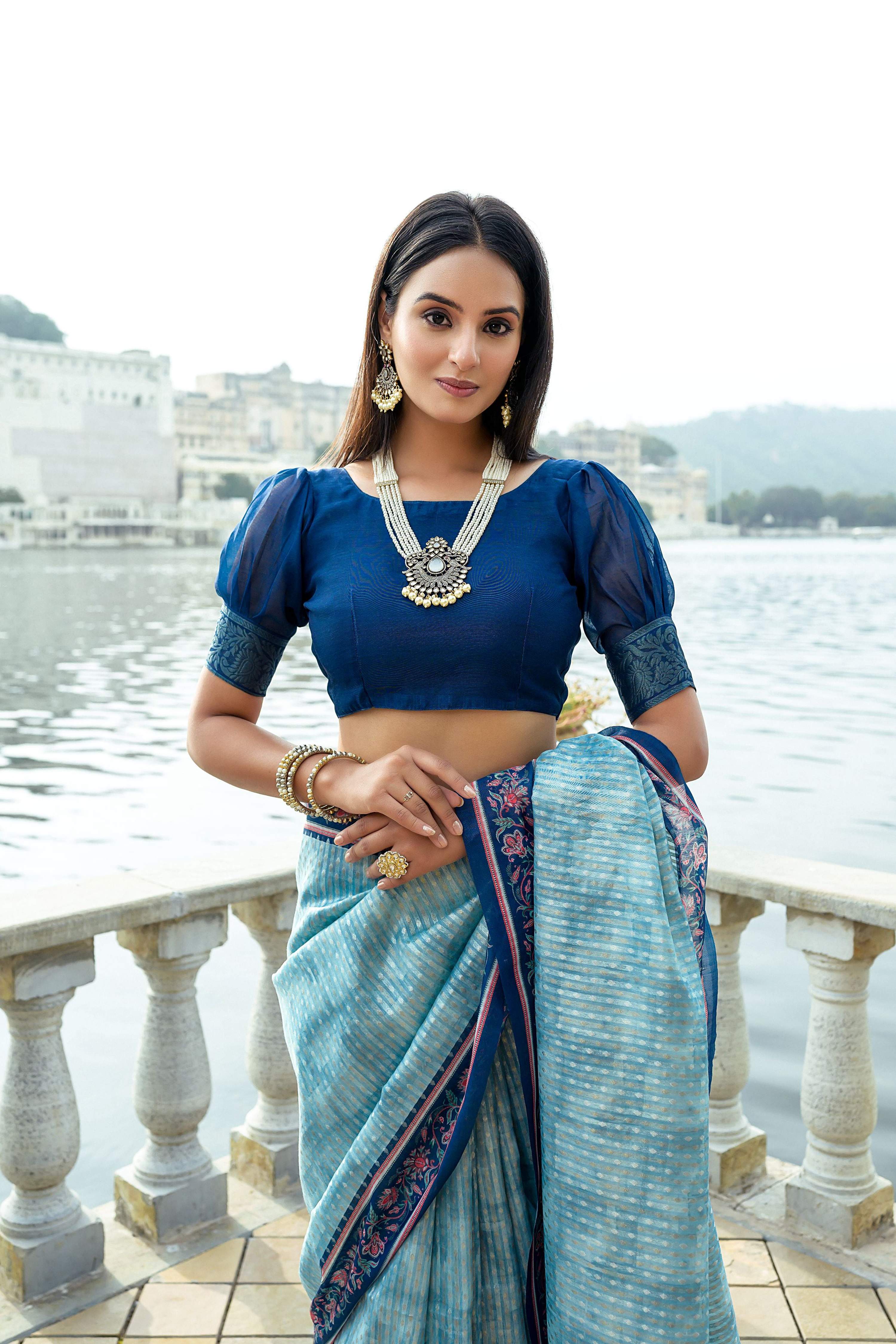 Jyoti Fashion Women's Firozi Soft Silk Zari Woven Traditional Saree with Blouse