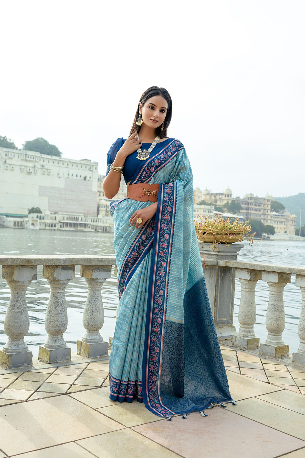Jyoti Fashion Women's Firozi Soft Silk Zari Woven Traditional Saree with Blouse