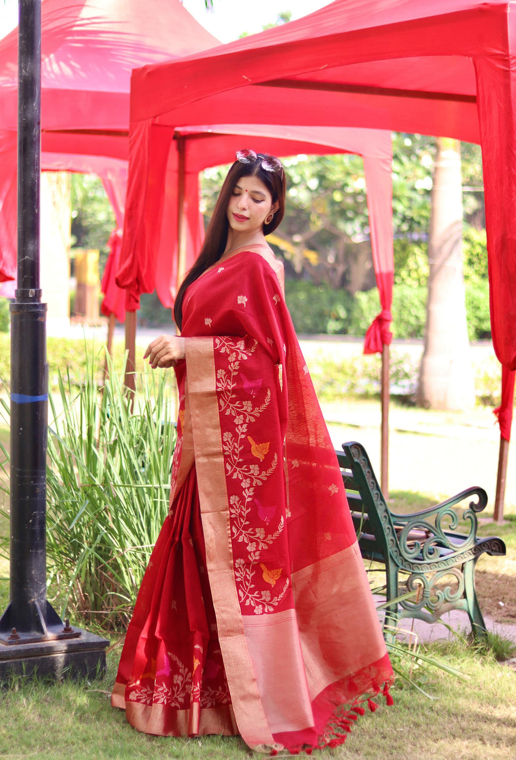 Jyoti Fashion Women's Red Linen Silk Zari Woven Traditional Saree with Blouse