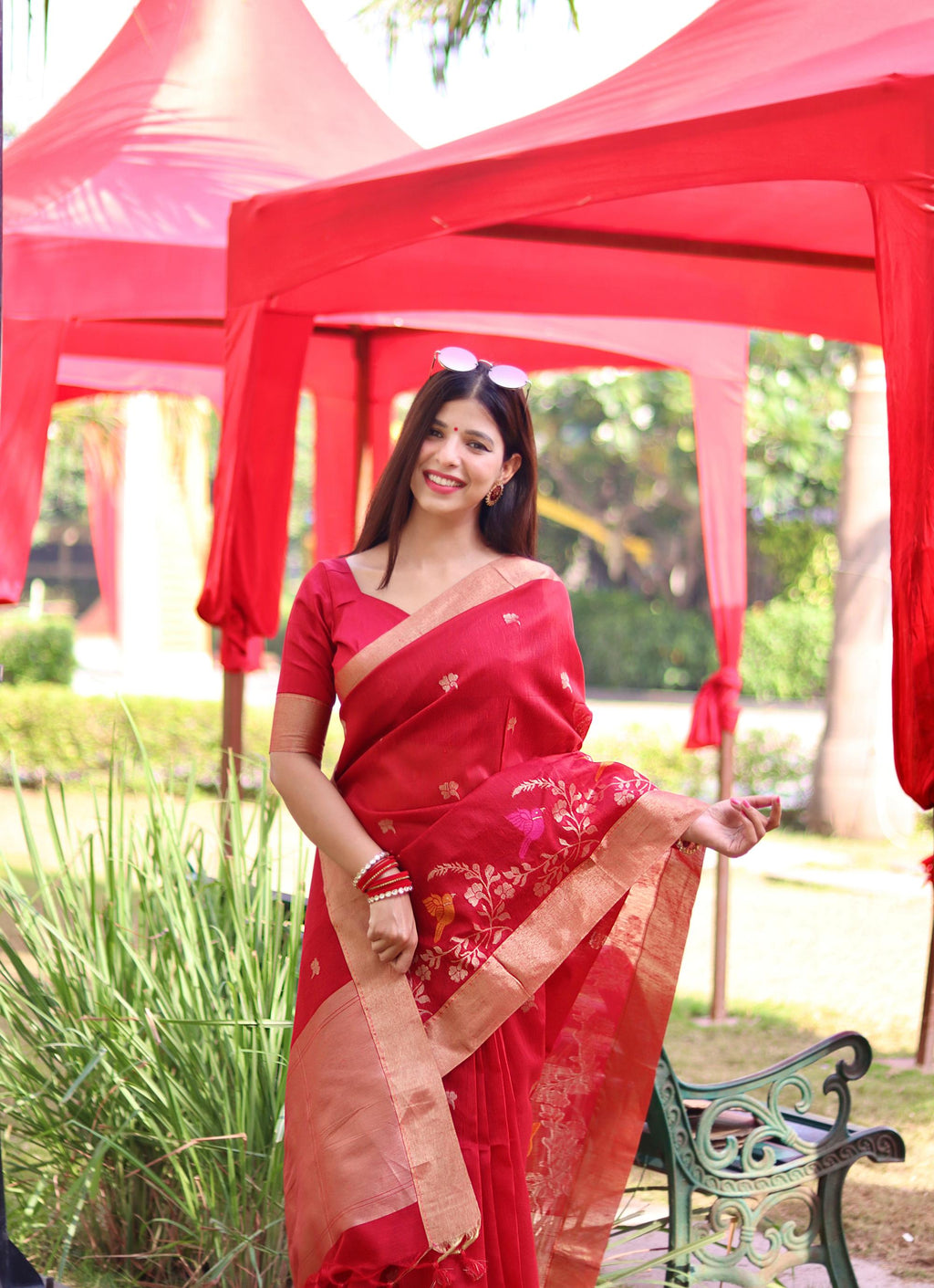 Jyoti Fashion Women's Red Linen Silk Zari Woven Traditional Saree with Blouse