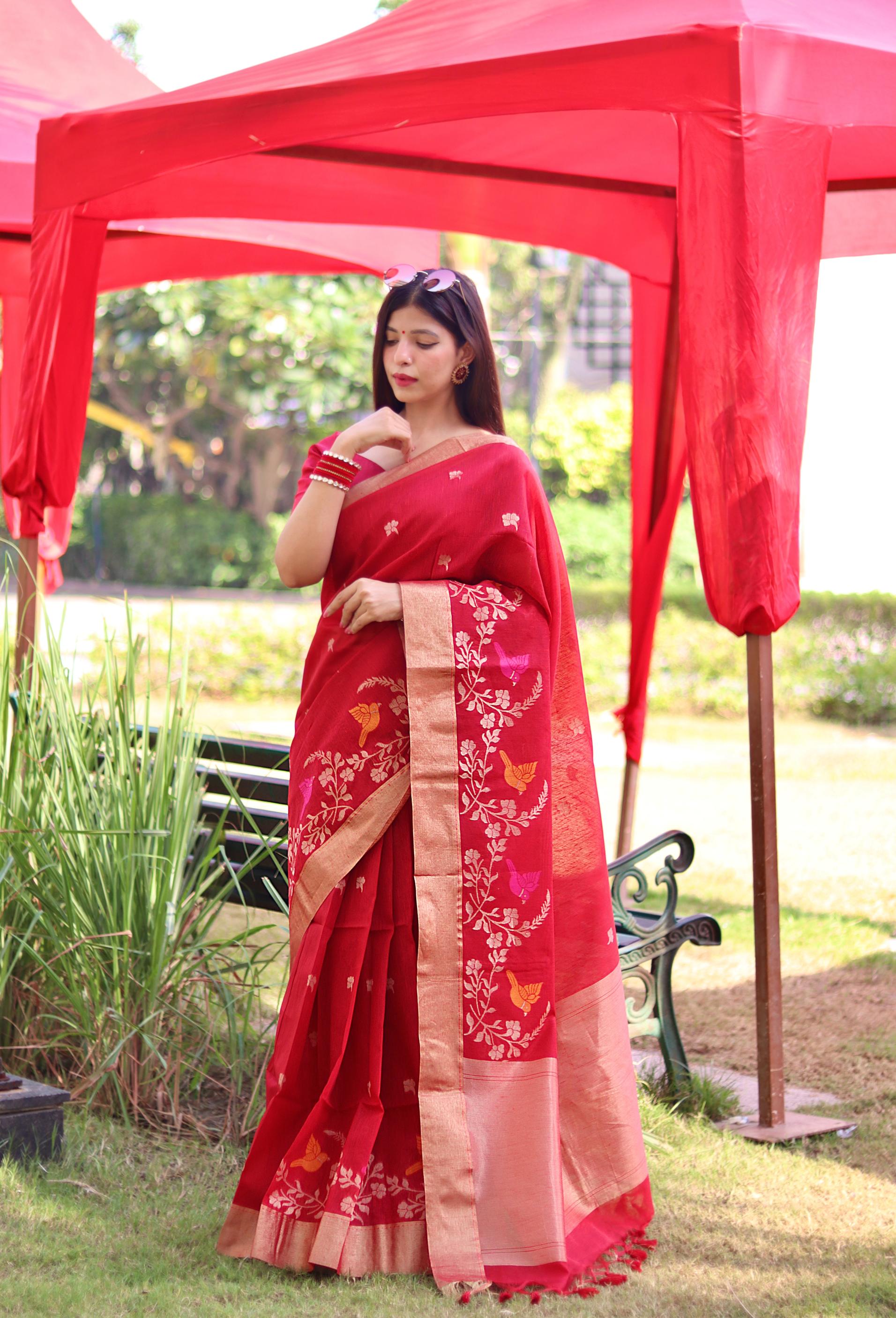Jyoti Fashion Women's Red Linen Silk Zari Woven Traditional Saree with Blouse