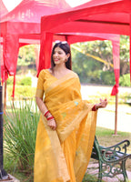 Jyoti Fashion Women's Yellow Linen Silk Zari Woven Traditional Saree with Blouse