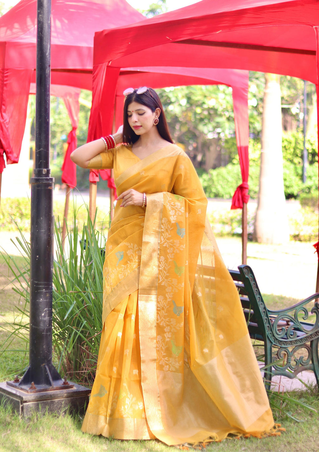 Jyoti Fashion Women's Yellow Linen Silk Zari Woven Traditional Saree with Blouse