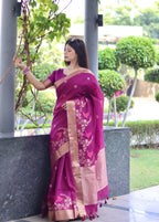 Jyoti Fashion Women's Magenta Linen Silk Zari Woven Traditional Saree with Blouse