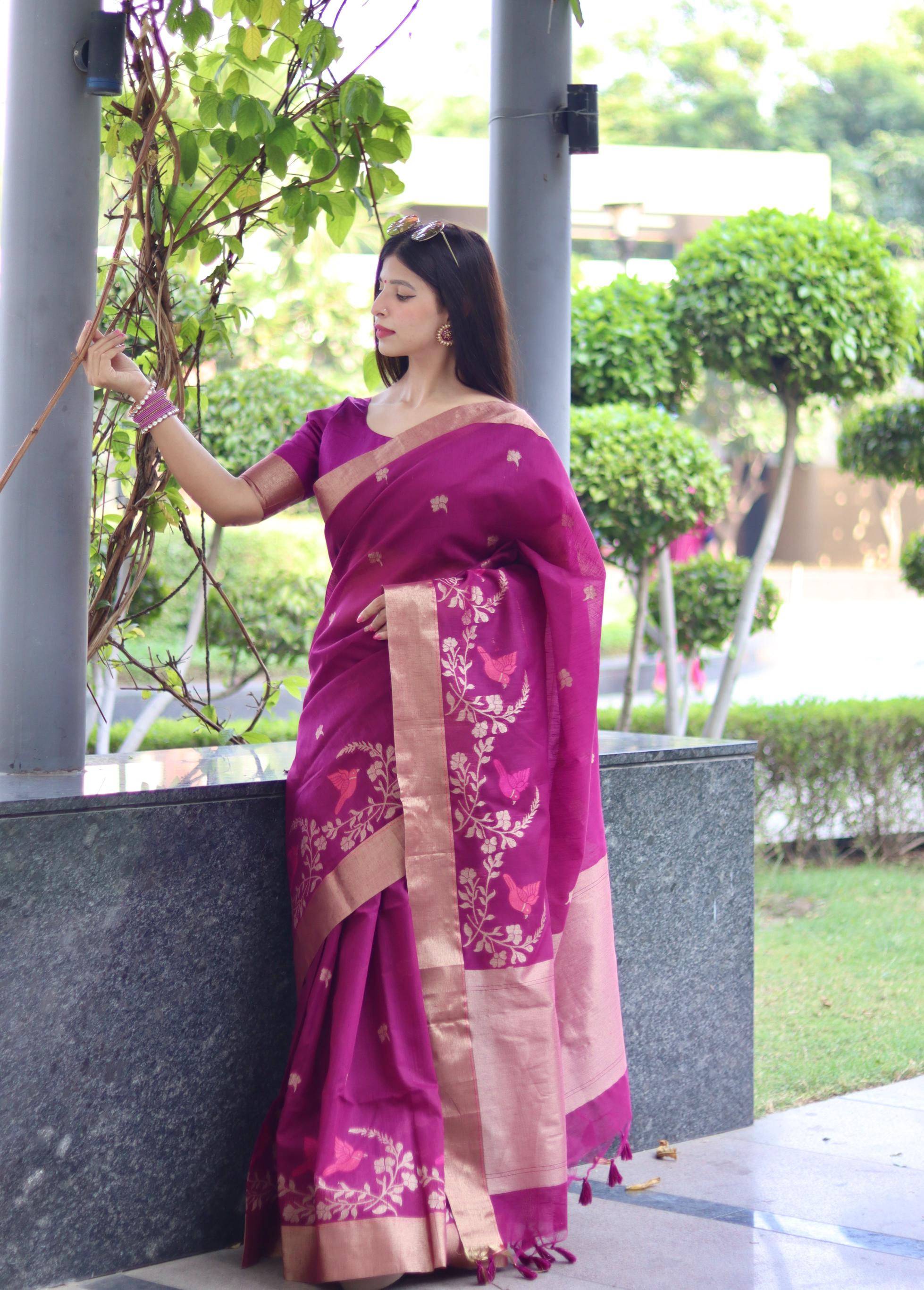 Jyoti Fashion Women's Magenta Linen Silk Zari Woven Traditional Saree with Blouse