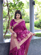 Jyoti Fashion Women's Magenta Linen Silk Zari Woven Traditional Saree with Blouse