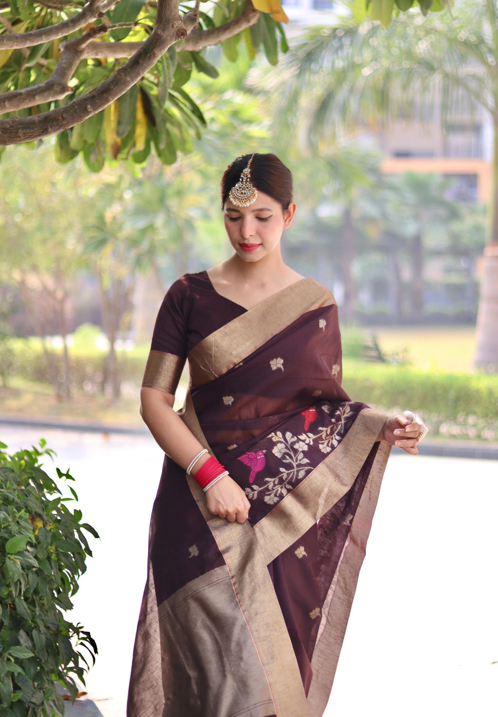 Jyoti Fashion Women's Coffee Linen Silk Zari Woven Traditional Saree with Blouse