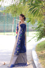 Jyoti Fashion Women's Blue Linen Silk Zari Woven Traditional Saree with Blouse