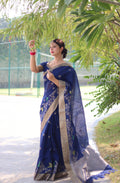 Jyoti Fashion Women's Blue Linen Silk Zari Woven Traditional Saree with Blouse