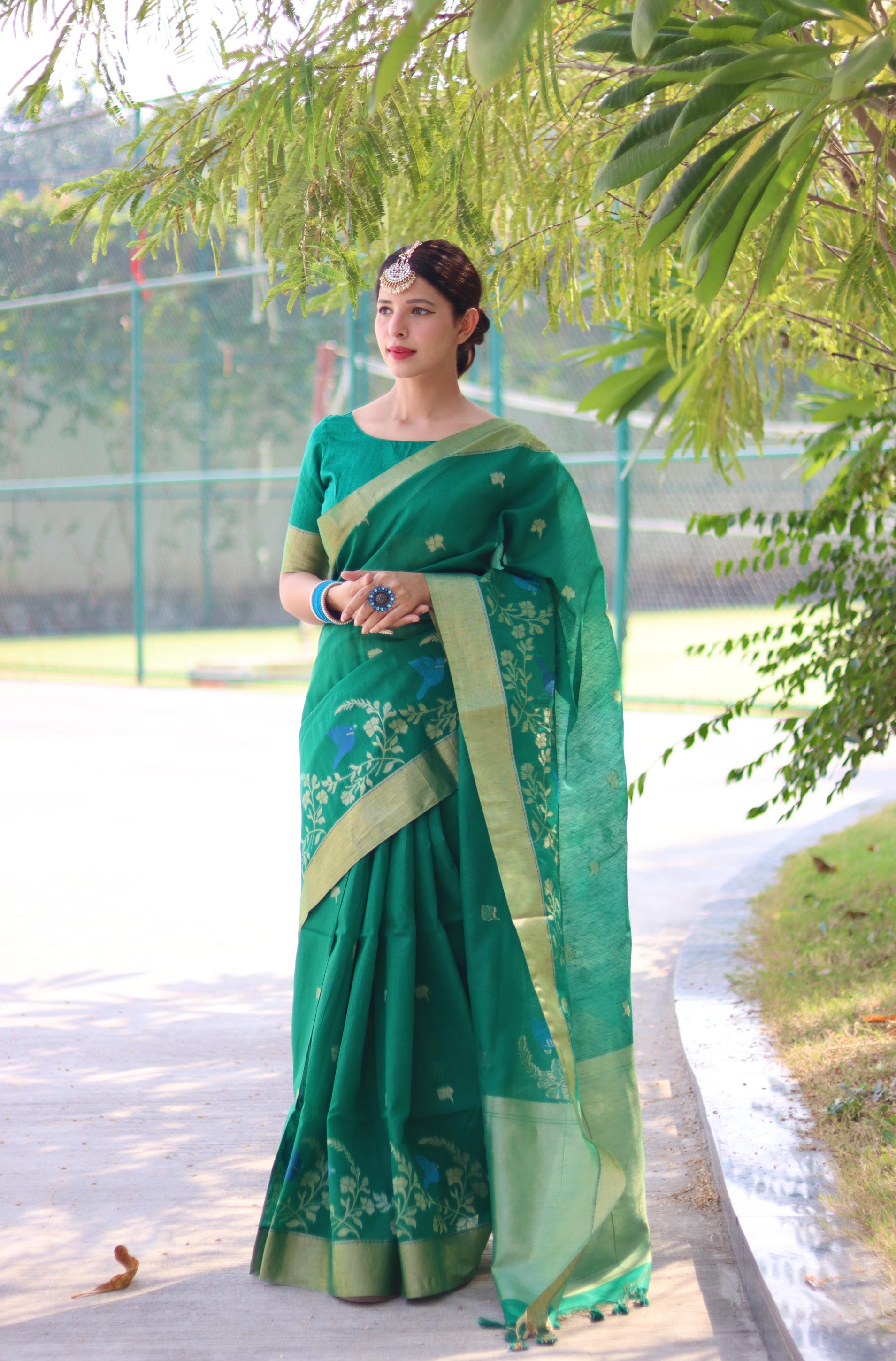 Jyoti Fashion Women's Rama Linen Silk Zari Woven Traditional Saree with Blouse