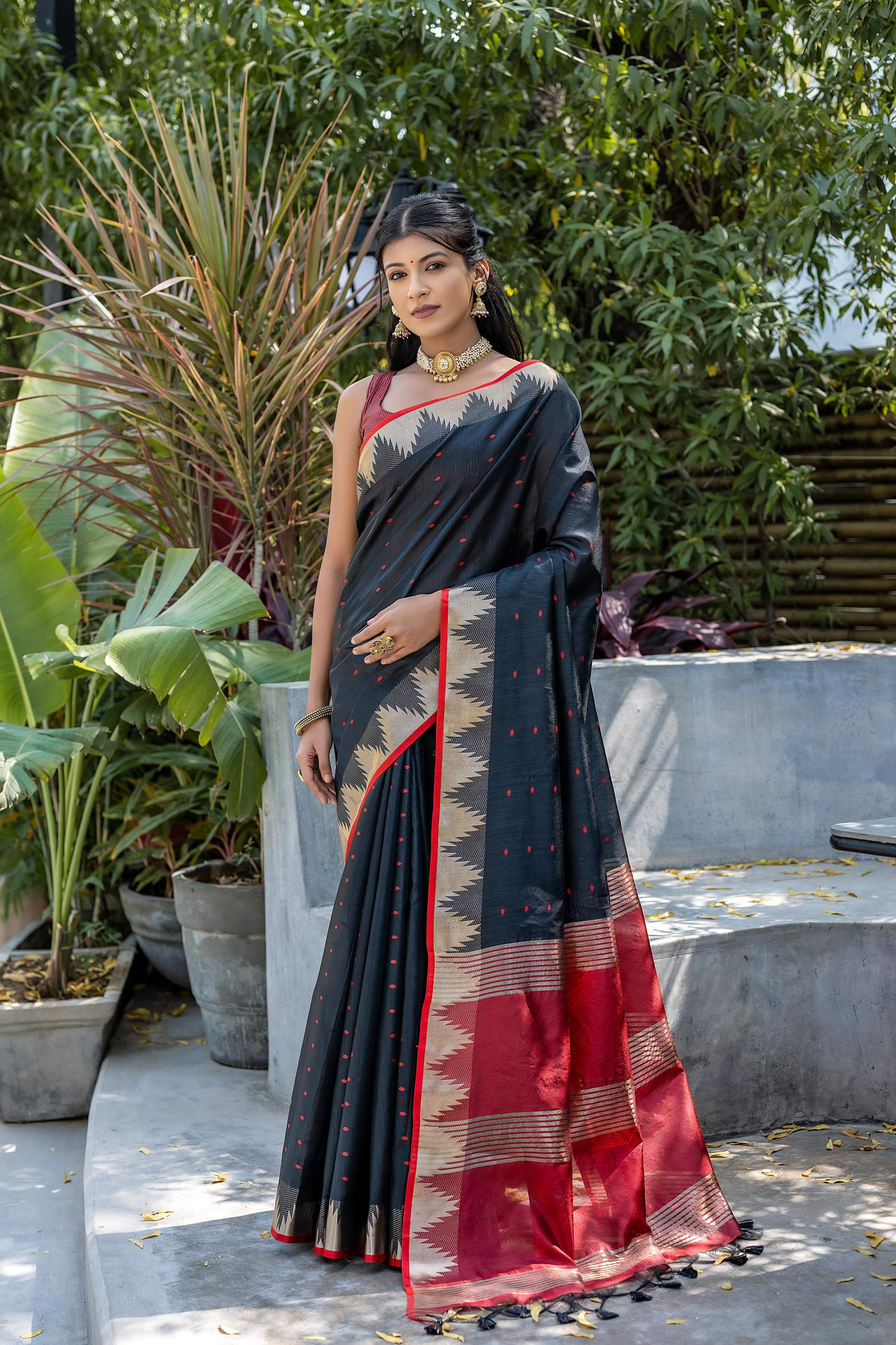 Jyoti Fashion Women's Black Tussar Silk Temple Border with Zari Lining Traditional Saree with Blouse - Distacart