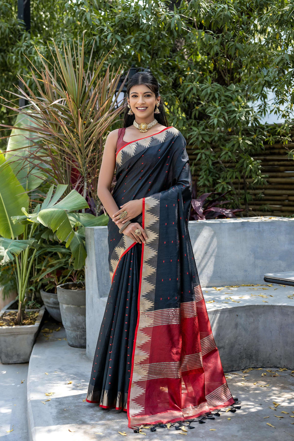 Jyoti Fashion Women's Black Tussar Silk Temple Border with Zari Lining Traditional Saree with Blouse - Distacart