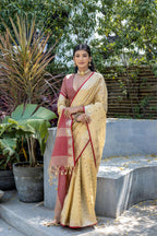 Jyoti Fashion Women's Cream Tussar Silk Temple Border with Zari Lining Traditional Saree with Blouse - Distacart