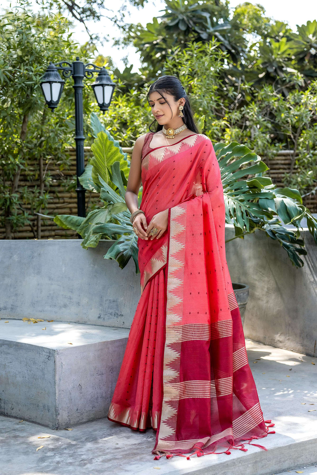 Jyoti Fashion Women's Coral Tussar Silk Temple Border with Zari Lining Traditional Saree with Blouse - Distacart