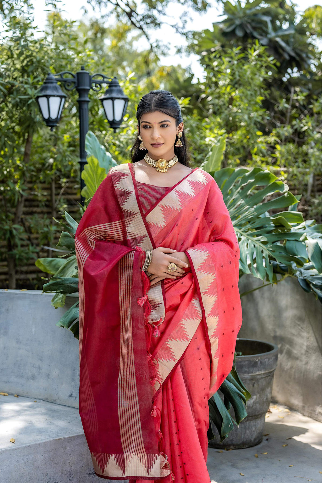 Jyoti Fashion Women's Coral Tussar Silk Temple Border with Zari Lining Traditional Saree with Blouse - Distacart