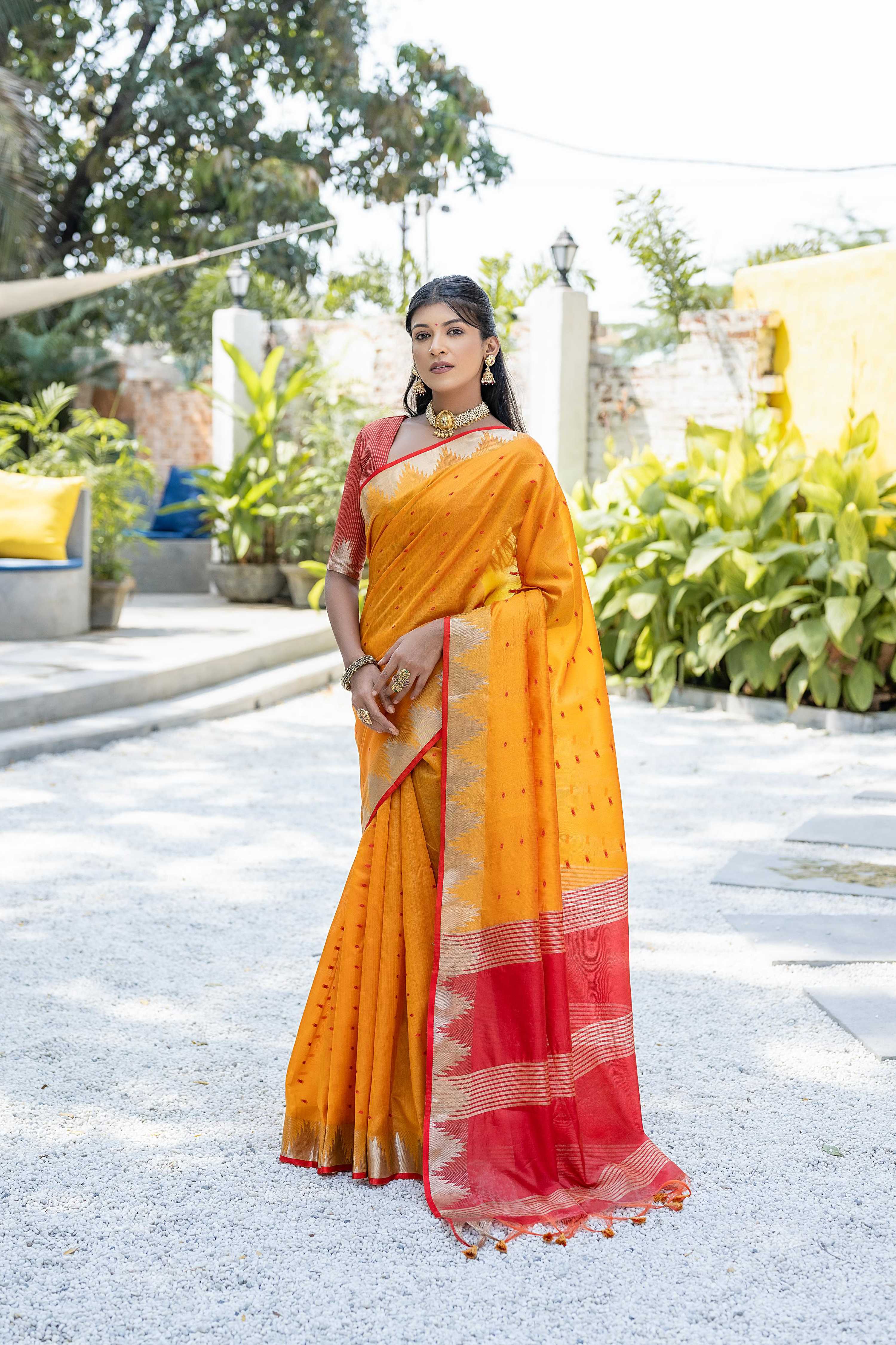 Jyoti Fashion Women's Mustard Tussar Silk Temple Border with Zari Lining Traditional Saree with Blouse - Distacart