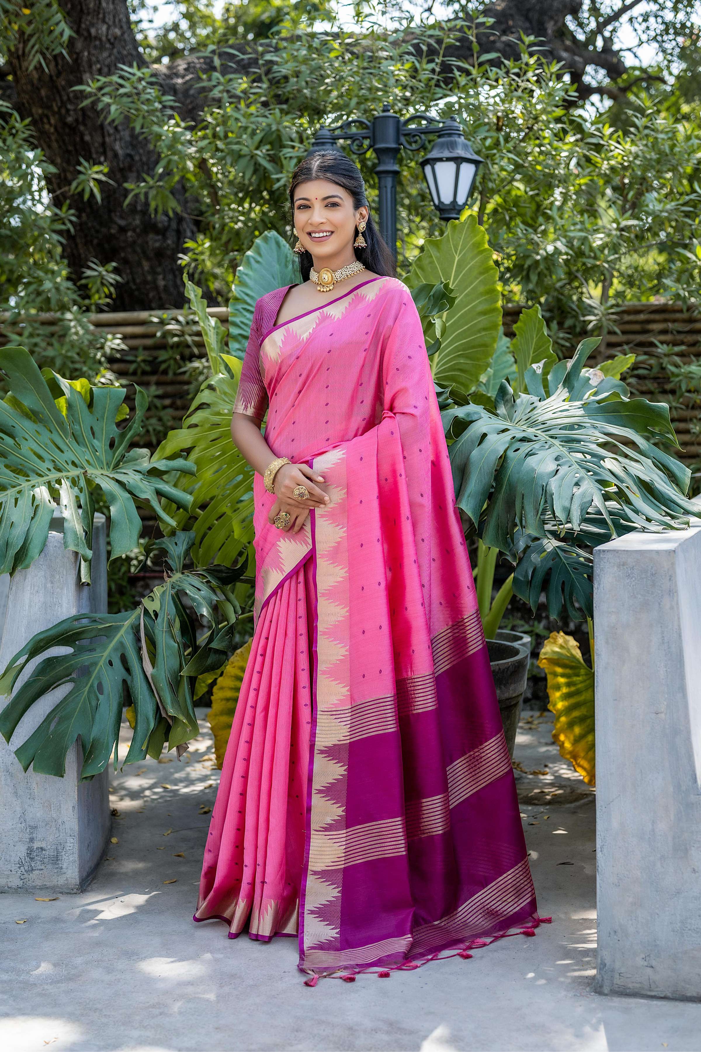 Jyoti Fashion Women's Pink Tussar Silk Temple Border with Zari Lining Traditional Saree with Blouse - Distacart