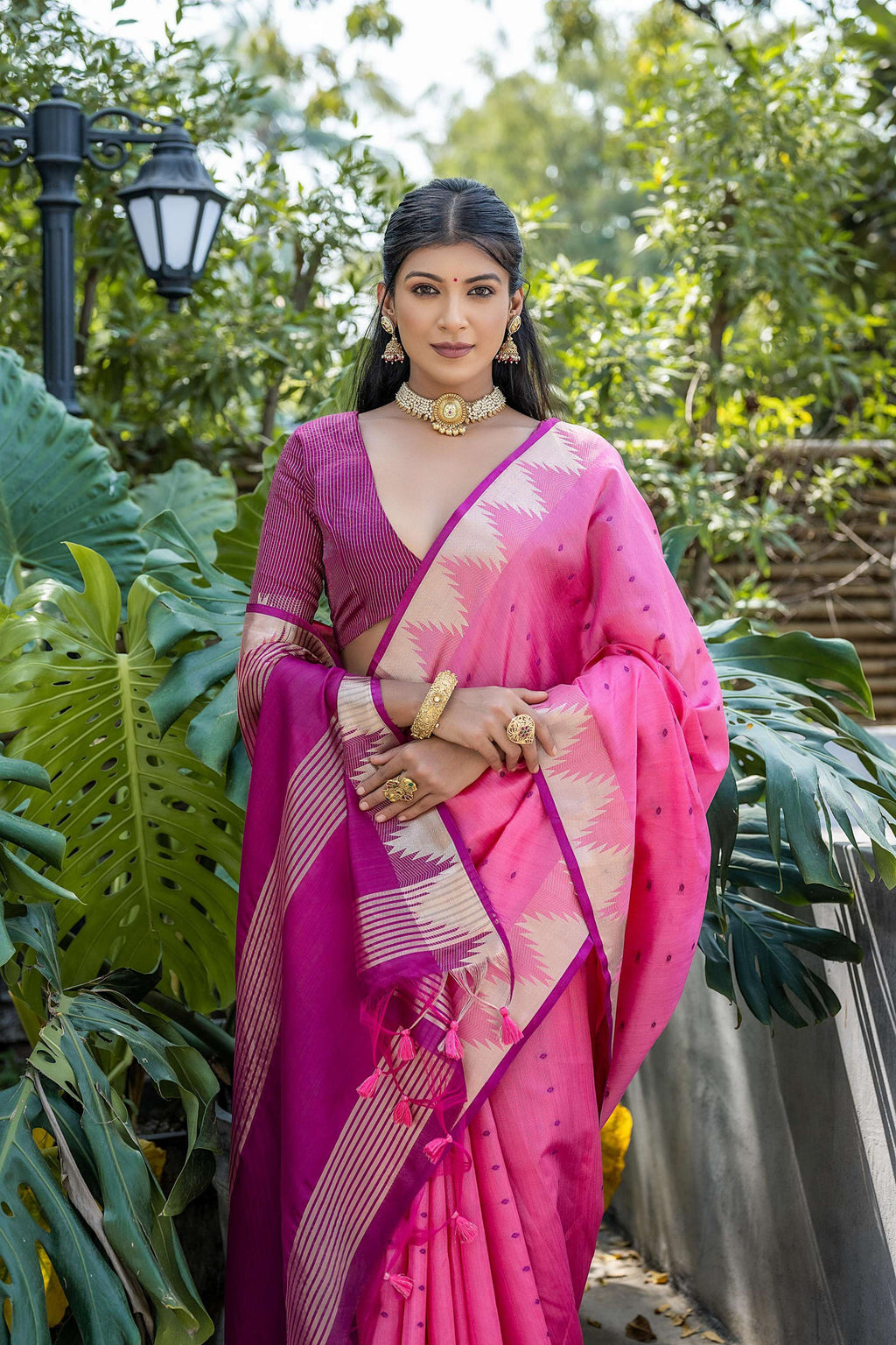 Jyoti Fashion Women's Pink Tussar Silk Temple Border with Zari Lining Traditional Saree with Blouse - Distacart