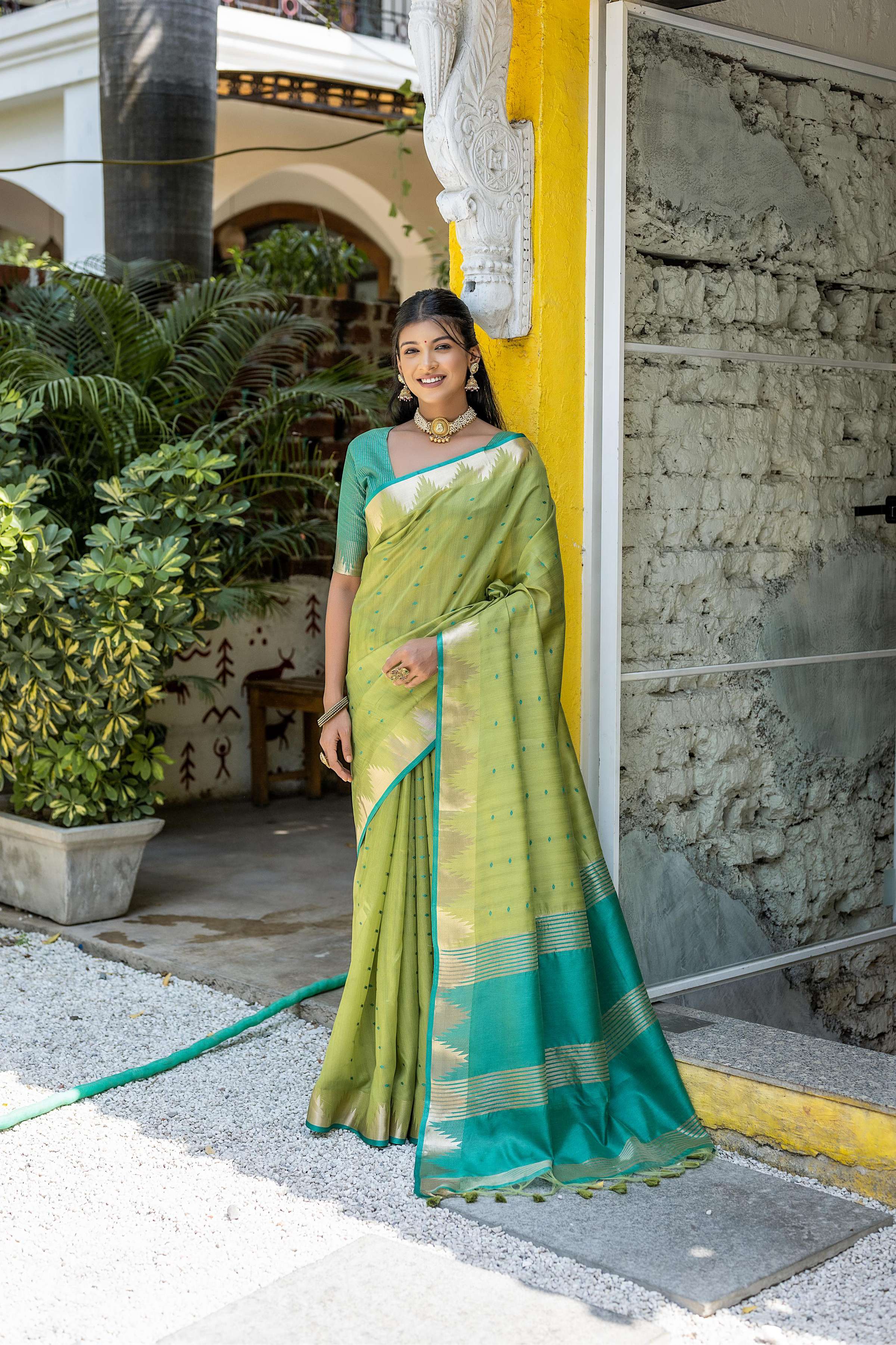 Jyoti Fashion Women's Green Tussar Silk Temple Border with Zari Lining Traditional Saree with Blouse - Distacart
