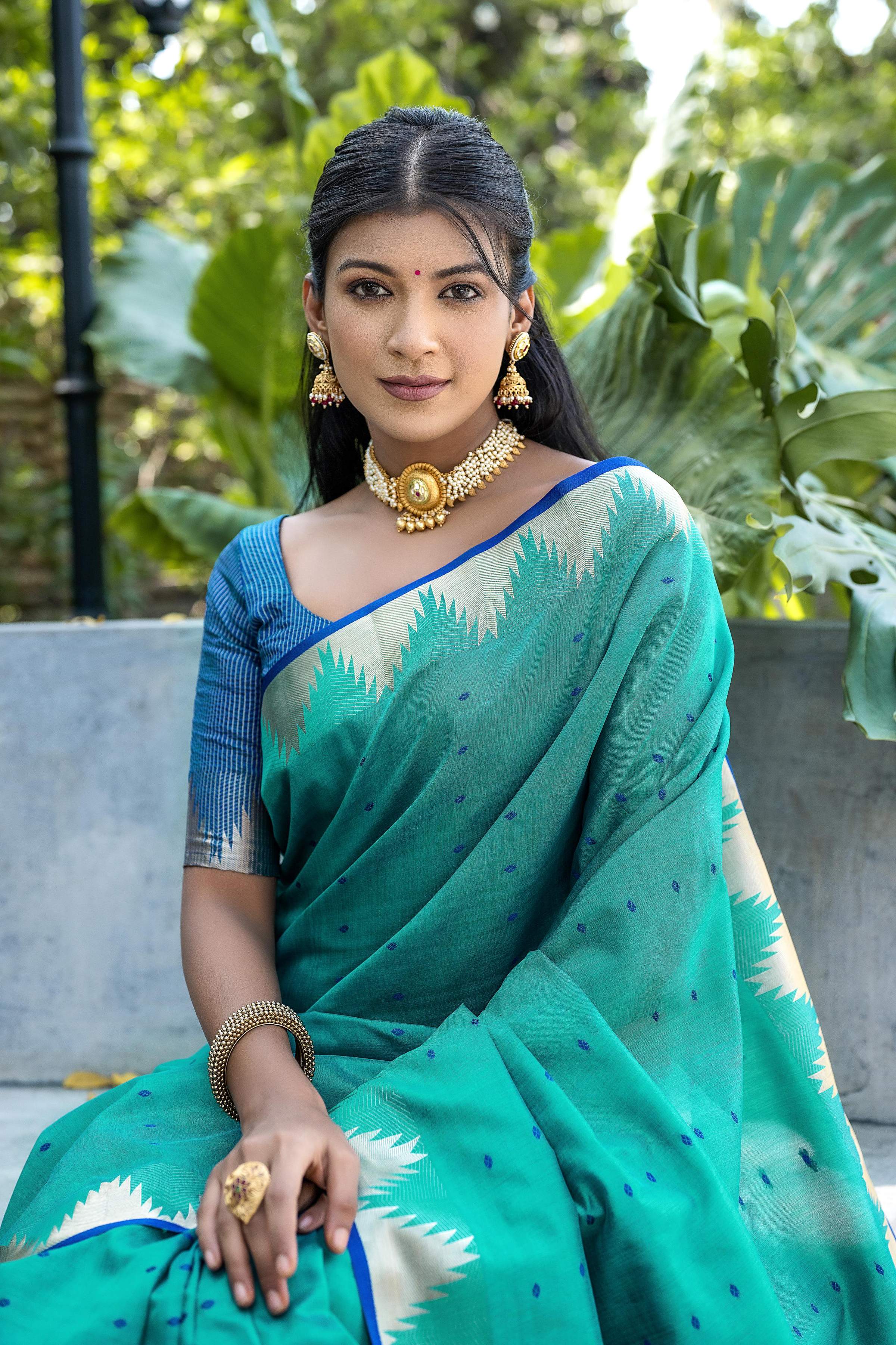 Jyoti Fashion Women's Rama Tussar Silk Temple Border with Zari Lining Traditional Saree with Blouse - Distacart