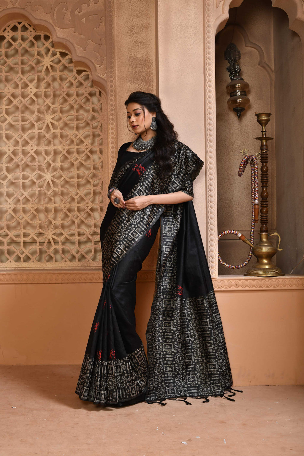 Jyoti Fashion Women's Black Handloom Raw Silk Weaving Pallu Traditional Saree with Blouse