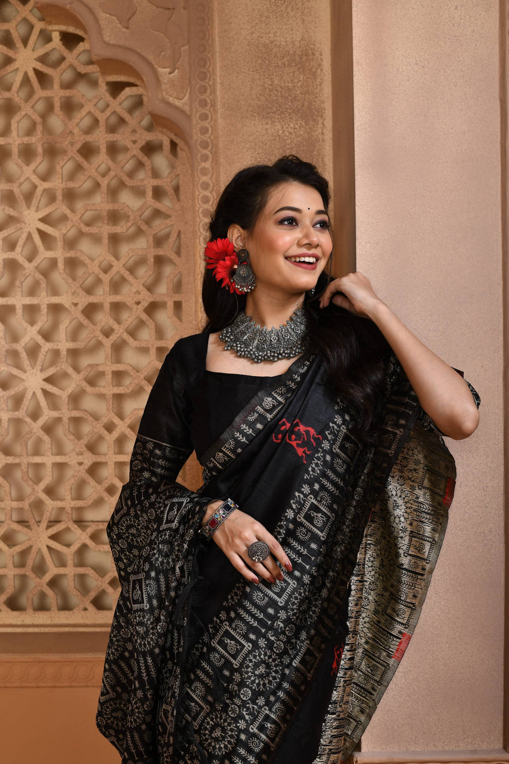 Jyoti Fashion Women's Black Handloom Raw Silk Weaving Pallu Traditional Saree with Blouse