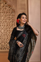 Jyoti Fashion Women's Black Handloom Raw Silk Weaving Pallu Traditional Saree with Blouse